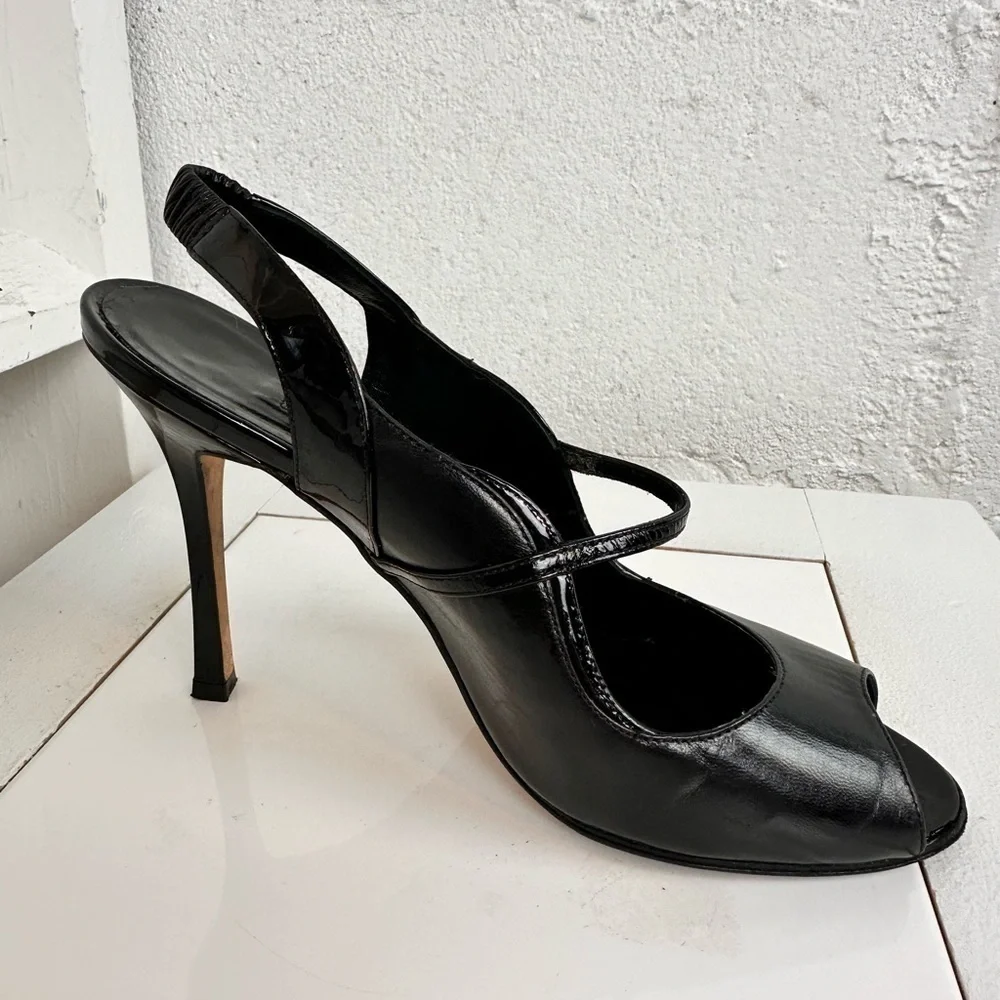 Manolo Blahnik Black Leather Printed Slingback Peep Toe Pumps – Size 36.5 Gift - Picture 2 of 13